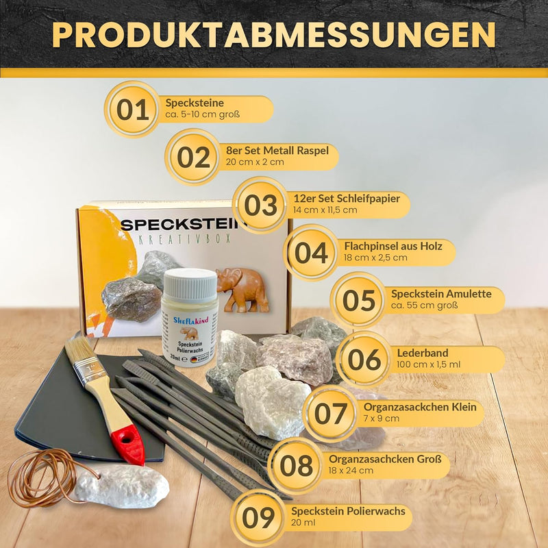 Sheflajor Speckstein Set: 1kg Speckstein / 8 Raspeln / 12 Schleifpapier / Flachpinsel / inklusive An