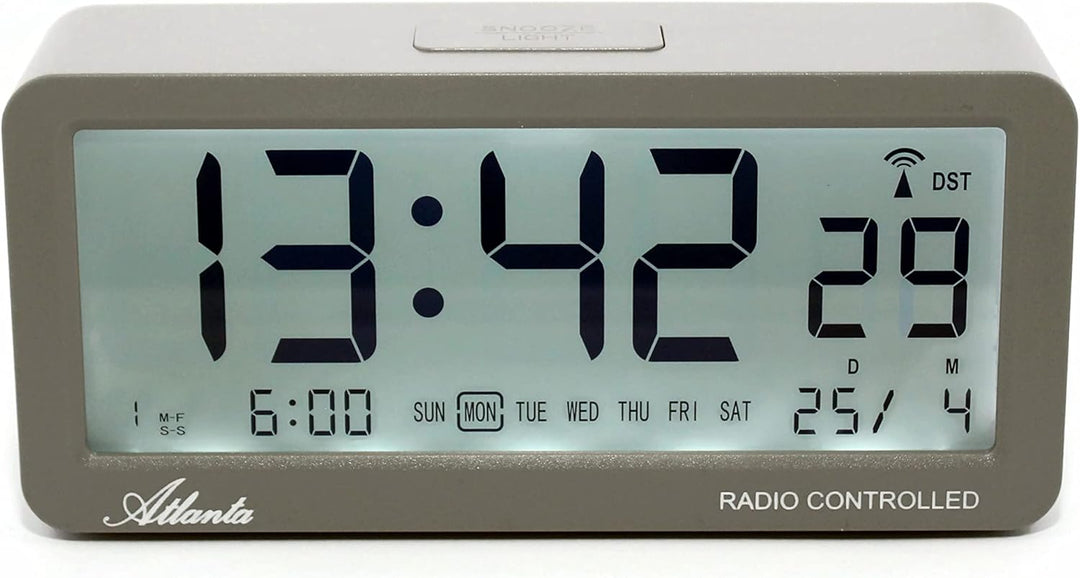 Atlanta Funkwecker Digital-Wecker LCD Snooze Licht Lautlos Ohne Ticken 3 Weckzeiten Alarme Grau - 18
