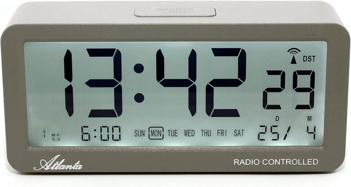 Atlanta Funkwecker Digital-Wecker LCD Snooze Licht Lautlos Ohne Ticken 3 Weckzeiten Alarme Grau - 18