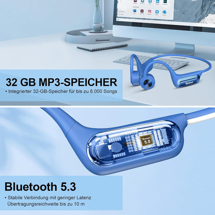 Knochenschall Kopfhörer Schwimmen IP68 Wasserdicht, 32GB Speicher MP3-Player & Bluetooth 5.4, Open E