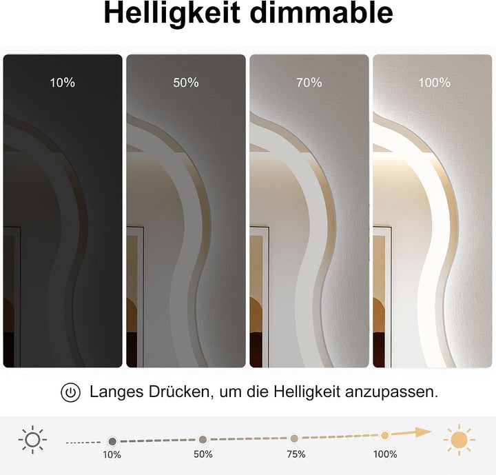 Badspiegel mit Beleuchtung 50x70cm,LED Asymmetrischer schminkspiegel | 3 Lichtfarben,Einstellbare He