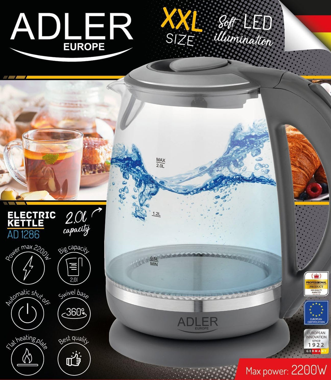 Adler AD 1286 Wasserkocher aus Glas und Kunstoff, 2L, 2000 W, LED Beleuchtung, Glaswasserkocher für