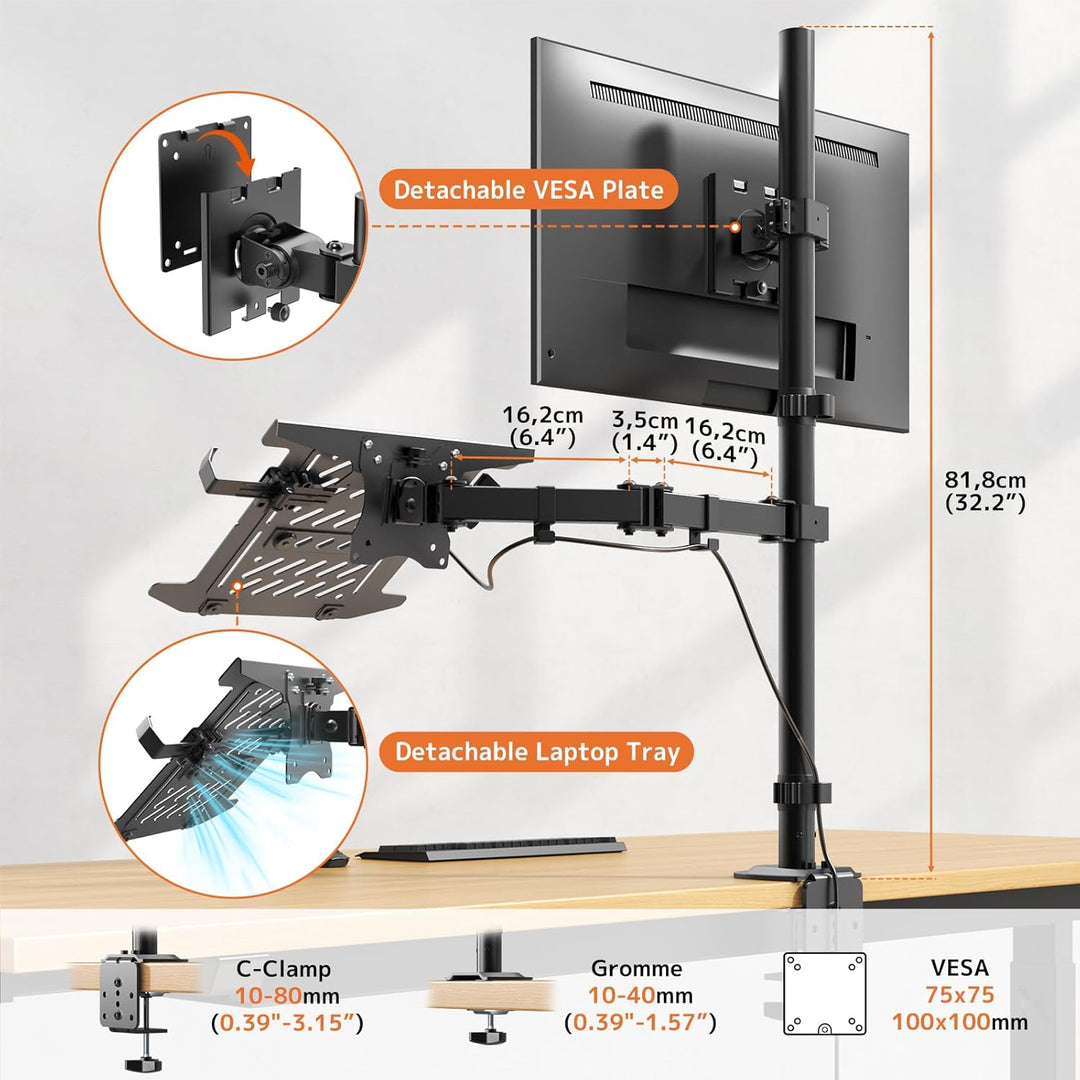 PUTORSEN Monitor Halterung mit Laptop Arm für 17 bis 49 Zoll Bildschirm und Notebook bis zu 17 Zoll,