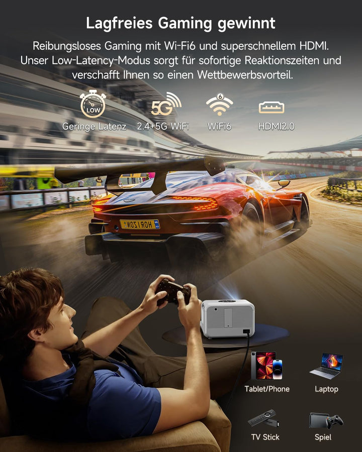 4K Smart Beamer mit HDMI eARC/CEC WiFi6 Bluetooth5.4, Tragbarer Projektors mit Autofokus und Objekti