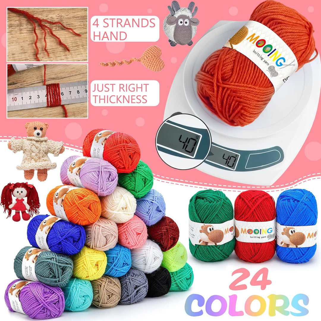 MZJAUVF Acrylwolle Set, 24 Farben Wolle Set, Baumwolle Wolles mit 2 Häkelnadeln, 40g Baumwollgarn, W