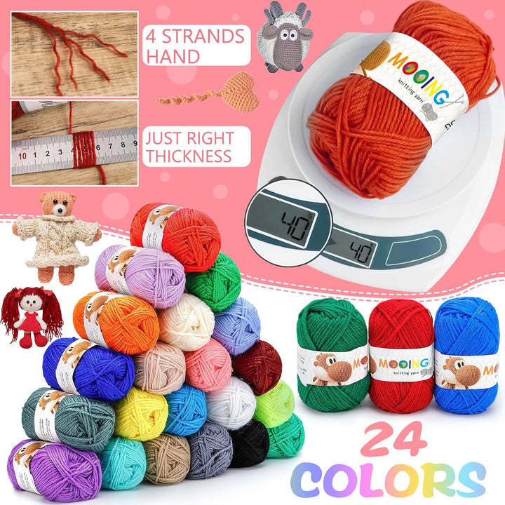 MZJAUVF Acrylwolle Set, 24 Farben Wolle Set, Baumwolle Wolles mit 2 Häkelnadeln, 40g Baumwollgarn, W