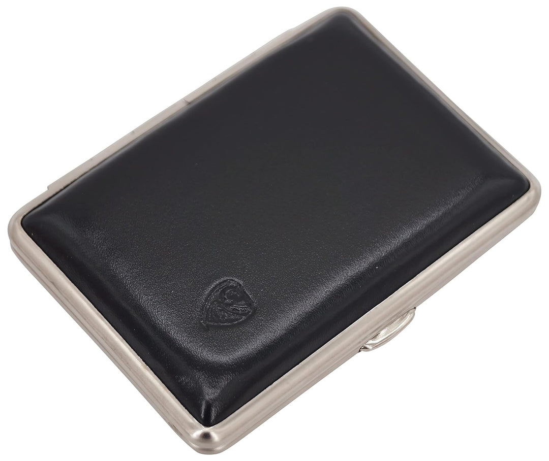 GERMANUS Zigarettenetui - Made in Germany, Stahl mit Leder schwarz