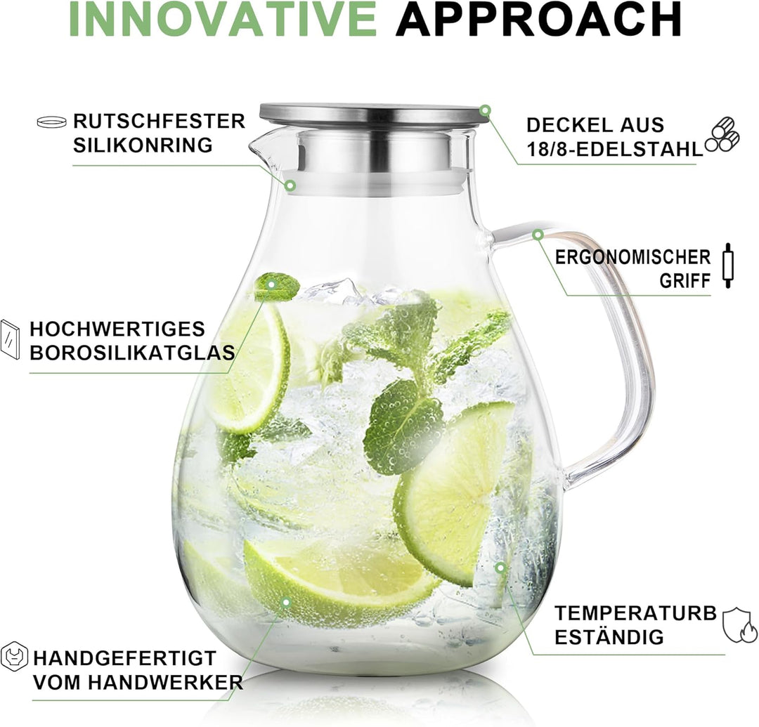 SUSTEAS 2.5 Liter 75oz Wasserkaraffe, Glaskaraffe mit Deckel und Breitem Griff, Leicht zu Reinigende