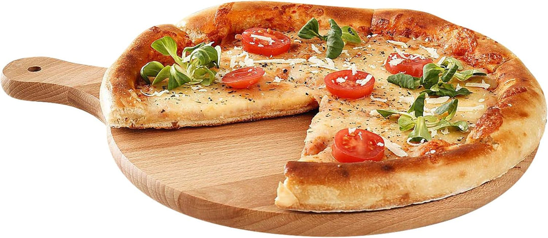Wooden World - Runder Pizzateller aus massivem Holz, Schneidebrett mit Griff, zum Servieren von Pizz