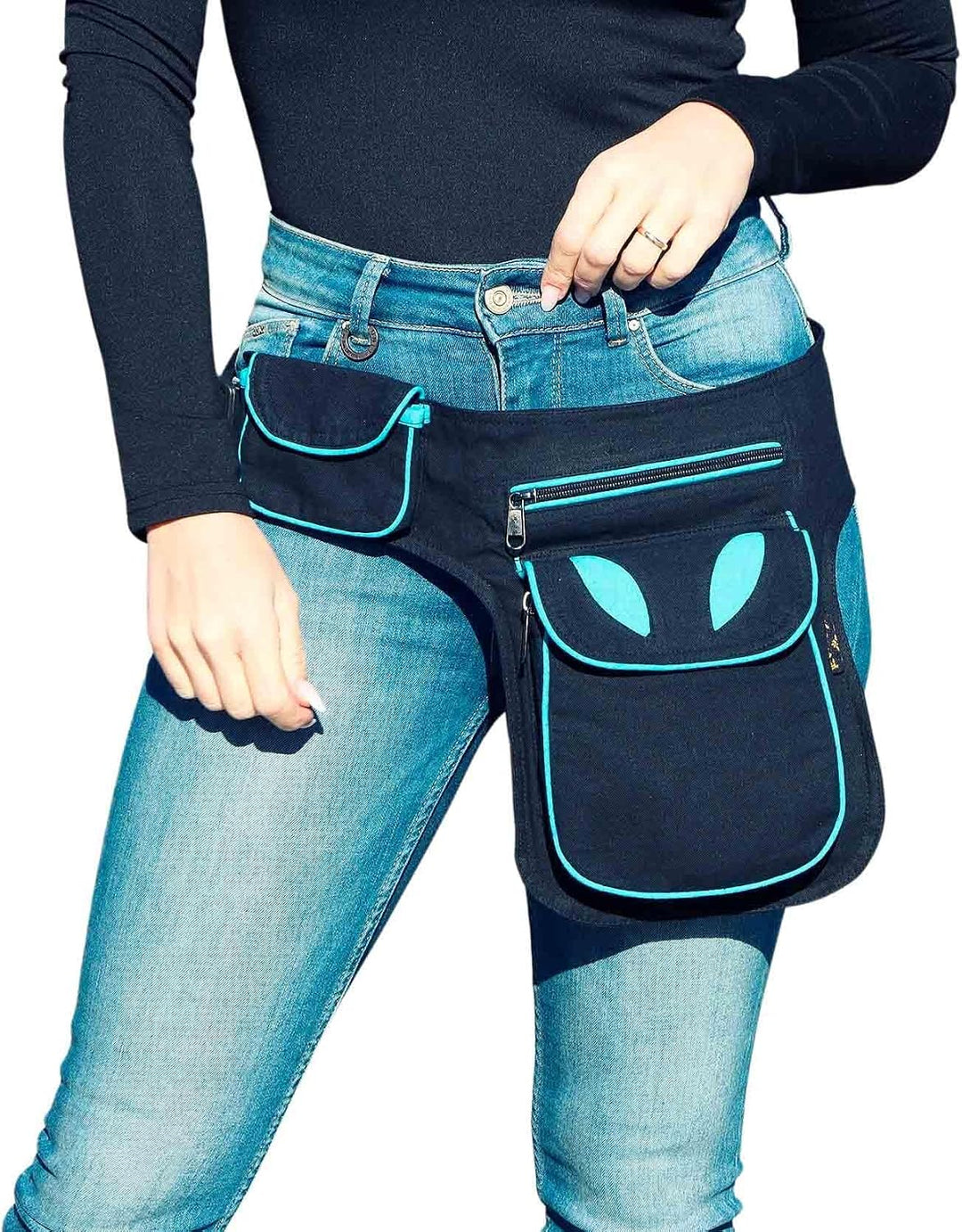Kunst und Magie Goa Schulter-Bauchtasche Gürteltasche Hippie PSY, Farbe:Schwarz/Blau Schwarz / Blau,