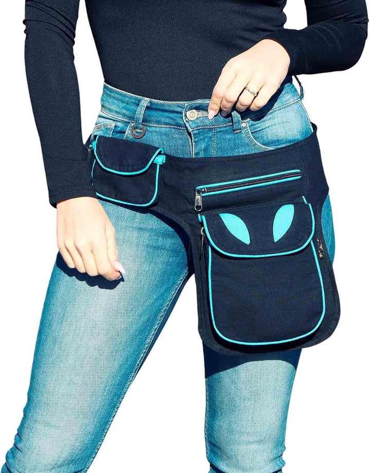 Kunst und Magie Goa Schulter-Bauchtasche Gürteltasche Hippie PSY, Farbe:Schwarz/Blau Schwarz / Blau,