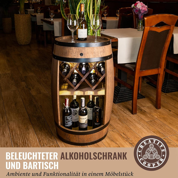 CREATIVE COOPER Fassbar mit Weinhalter und LED - Weinregal - Holzfass Hausbar 80cm - Rustikaler deko