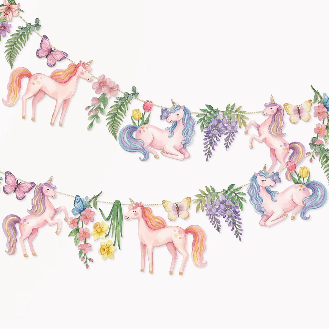 Easy Joy Magische Einhorn-Party-Girlande, rosa blumige Papierfahnen mit Schmetterlingen und Blumen,