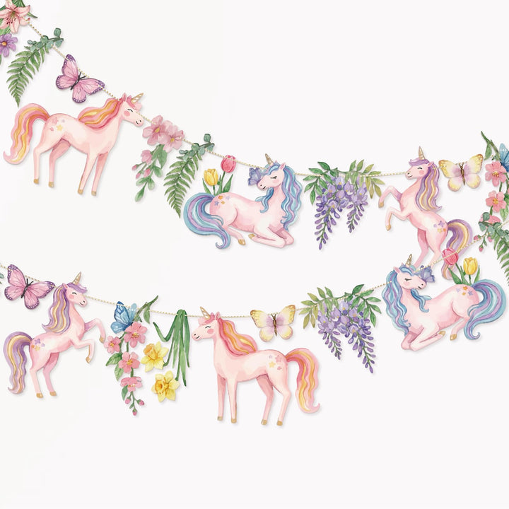 Easy Joy Magische Einhorn-Party-Girlande, rosa blumige Papierfahnen mit Schmetterlingen und Blumen,
