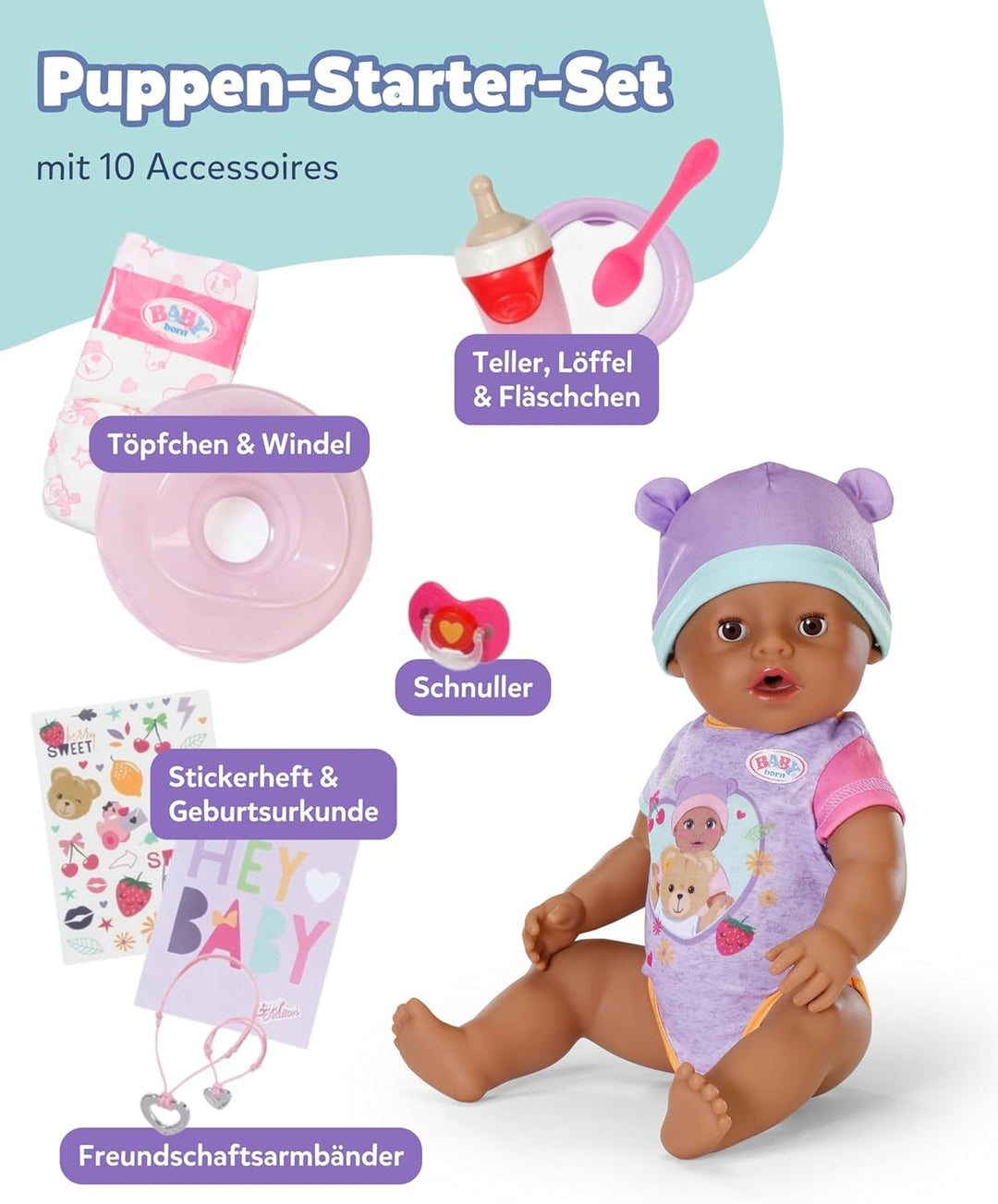 BABY born Eva 43cm, Babypuppe mit 10 Funktionen und Accessoires, für Kinder ab 3 Jahren, funktionier