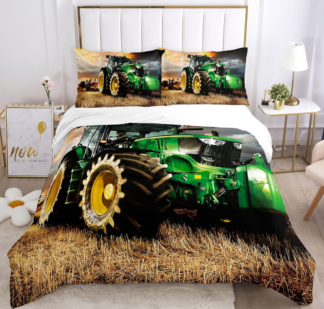 Traktor kinderbettwäsche 220x240cm,3-teilig Grün Traktor Bettwäsche-Set mit Reissverschluss und 2 Ki