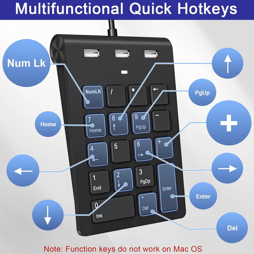 USB C & USBA Numpad Wired – Nummernblock mit 3 USB 2.0 Hub, 18-Tasten Ziffernblock für Laptop/Deskto