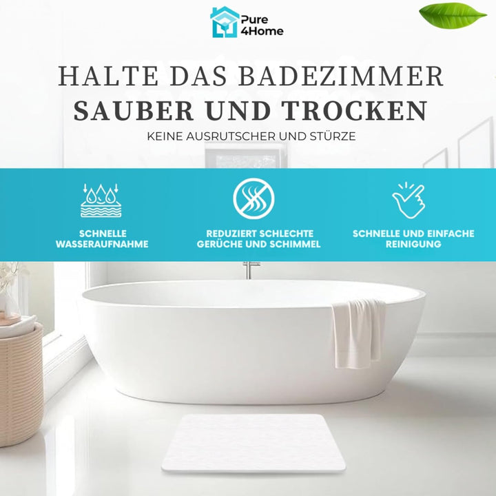 Pure 4Home Steinmatte Badezimmer rutschfest aus Kieselgur 40 x 30 cm | Duschvorleger Schnelltrocknen
