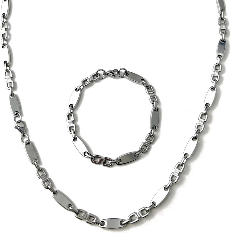 ayados Plattenkette Set Edelstahl 60,5 cm Steigbügelkette Cuban Halskette + Armband Platten Kette Se
