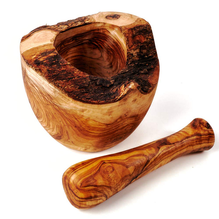 das Olivenholzbrett® Mörser und Stössel aus Olivenholz im Naturschnitt ca.16cm, Olivenholzmörser & S