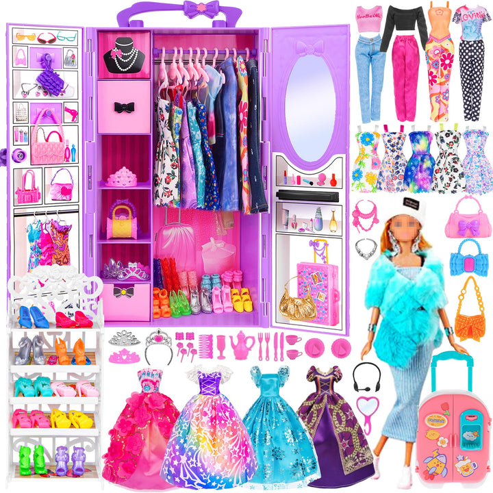 107pcs 11.5 Zoll Mädchen Puppe mit Kleidung Zubehör und Schrank, Gepäck, Schal mit Kleid, Prinzessin