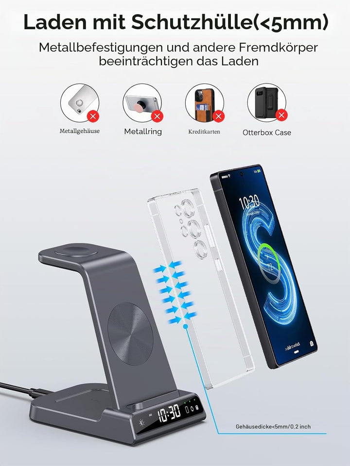 Wireless Charger für Samsung Galaxy S25 Ultra, Induktive Ladestation mit Digitaluhr für Samsung Gala