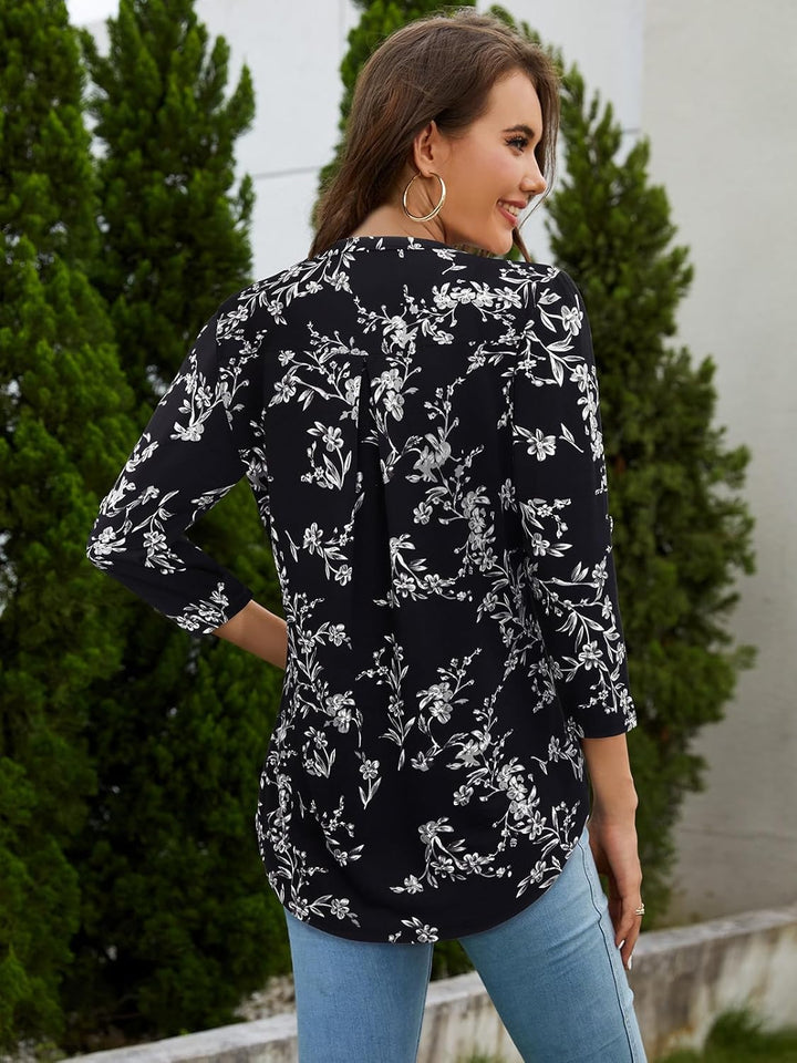 Siddhe Damen V-Ausschnitt Bluse 3/4 Ärmel Oberteile Tunika Tops Locker Longshirt Lässige T-Shirt Lan
