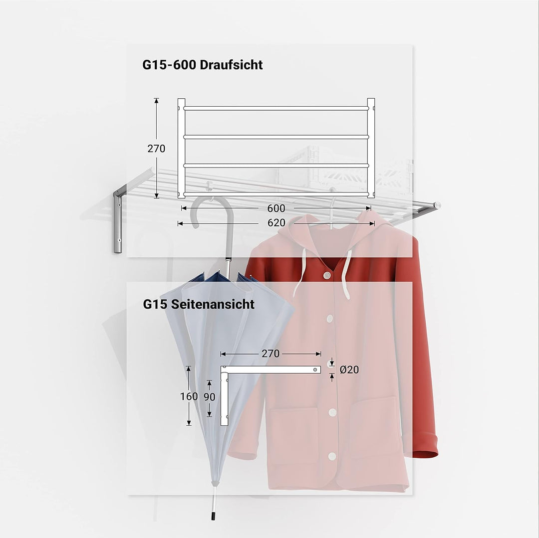 PHOS Design, G15-600, 60 cm breite Edelstahl-Wandgarderobe mit 4 Kleiderstangen 60 cm Breite, ohne A