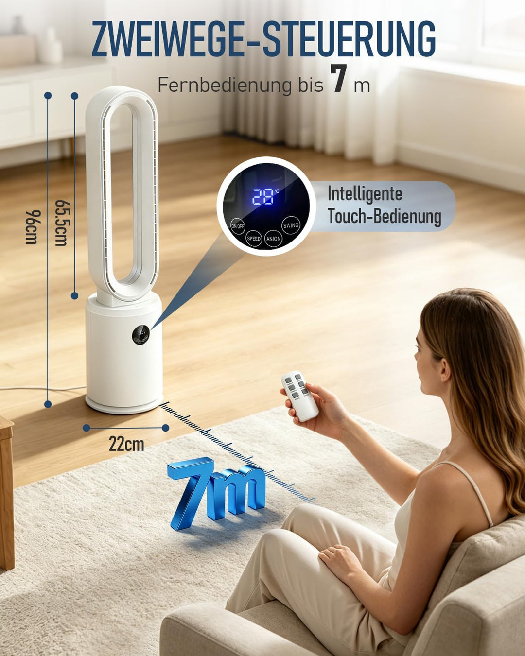 Rotorloser Ventilator, 24 Stufen Leiser Tischventilator mit Fernbedienung & 12h Timer, Energiesparen