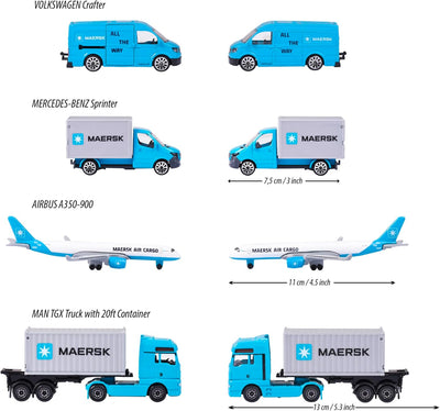 Majorette - Maersk Transport-Fahrzeuge (Geschenkset) - 4 Modellfahrzeuge aus Metall (Man Truck, Merc