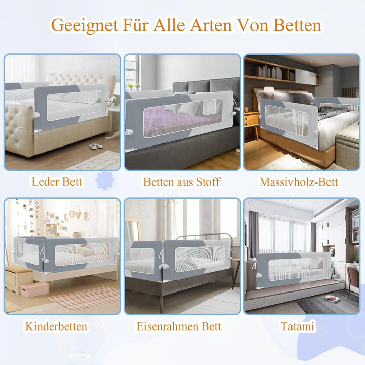 YUENFONG 180cm Bettgitter Bettschutzgitter Rausfallschutz für Kinder, Höhenverstellbar 72 bis 96cm K