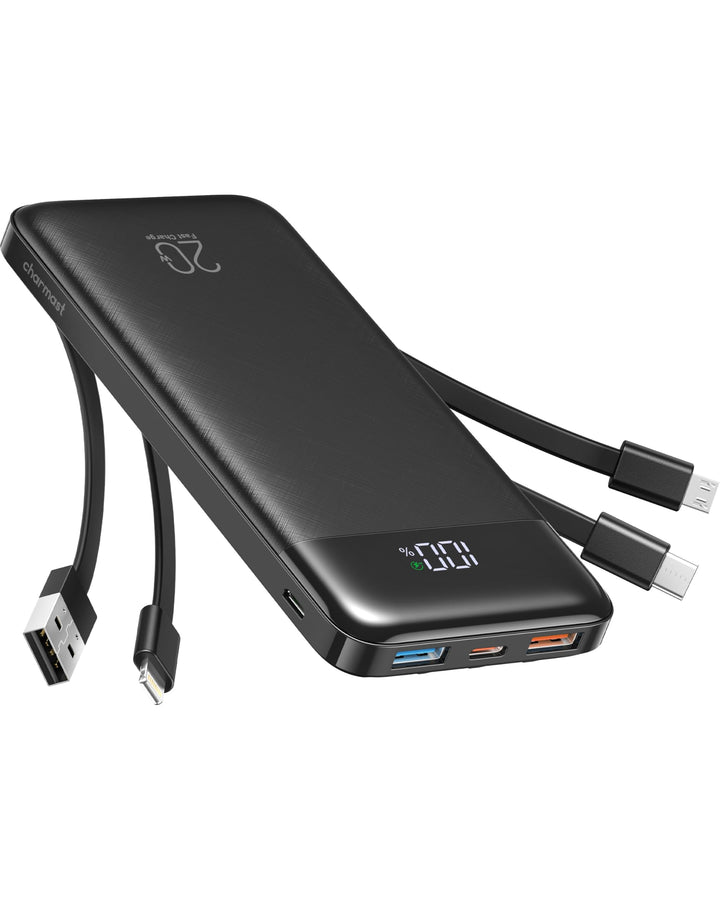 Charmast Powerbank 20000mAh Externer Akku USB C Power Bank mit 4 integriertes Ladekabel Tragbares La