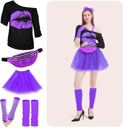 80er Jahre Outfit Damen Set, T-Shirt, Tutu, Gürteltasche, Stirnband, Ohrring, Halskette, Netzhandsch