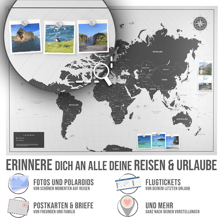 Vacentures Magnetische Pinnwand Weltkarte White inkl. 2 x 15 magnetische Pins I Markiere Deine Reise