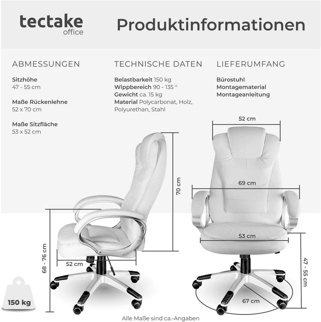 tectake Chefsessel, Bürostuhl ergonomisch, Drehstuhl mit Rollen, Gaming Stuhl, hohe Rückenlehne und