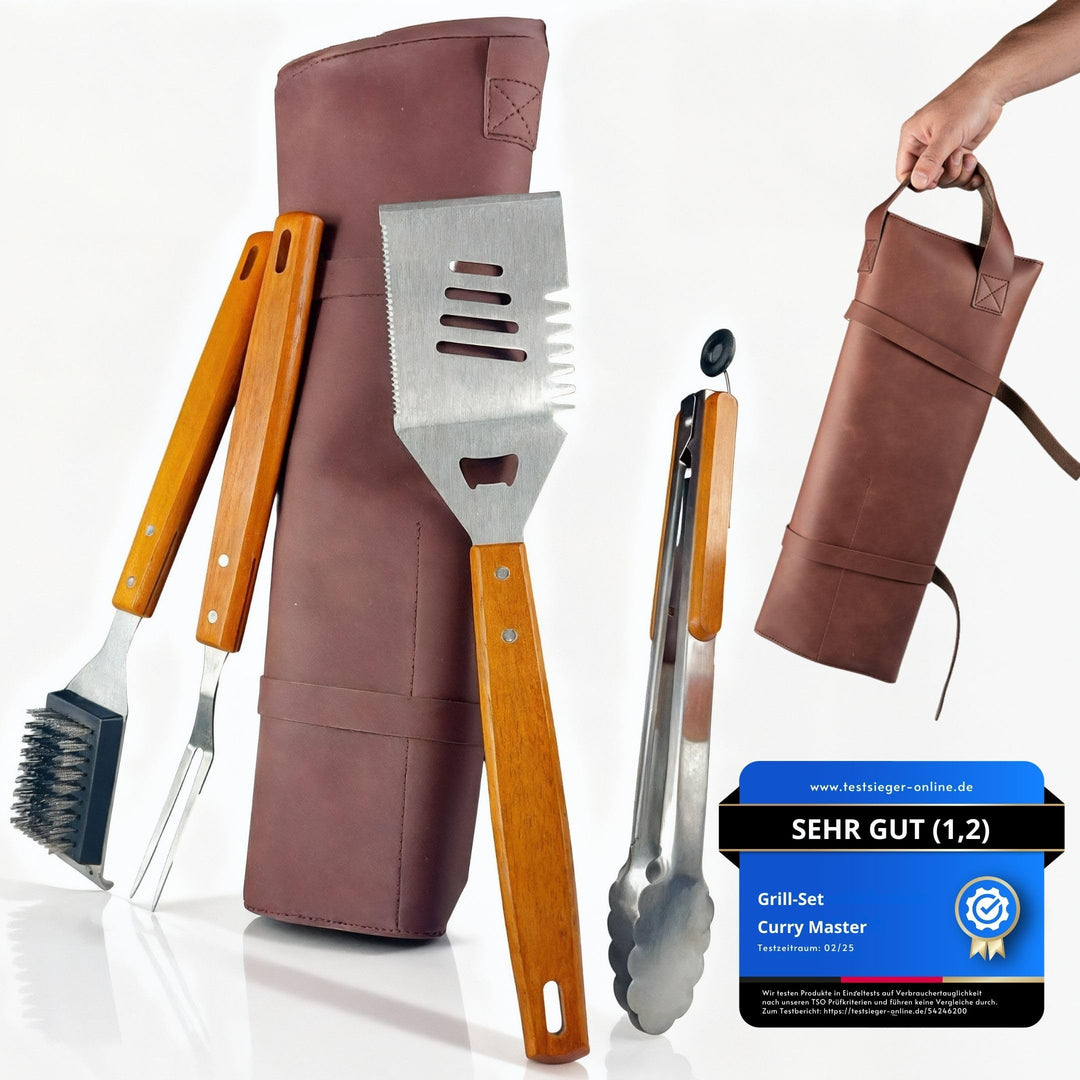 Grillset für Männer Geschenk in Ledertasche – Grillbesteck Set aus Edelstahl - 3-in-1 Spachtel &amp; Rei