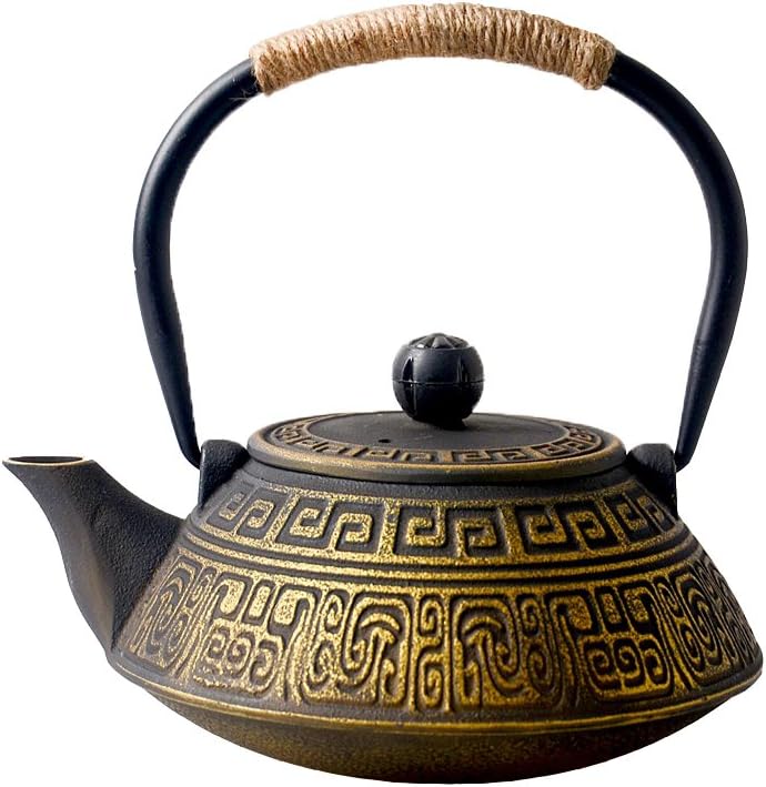 HwaGui-Teekanne Gusseisen Gold Japan Teekannen mit Sieb Infuser für Stövchen, 800ml [MEHRWEG] Altes