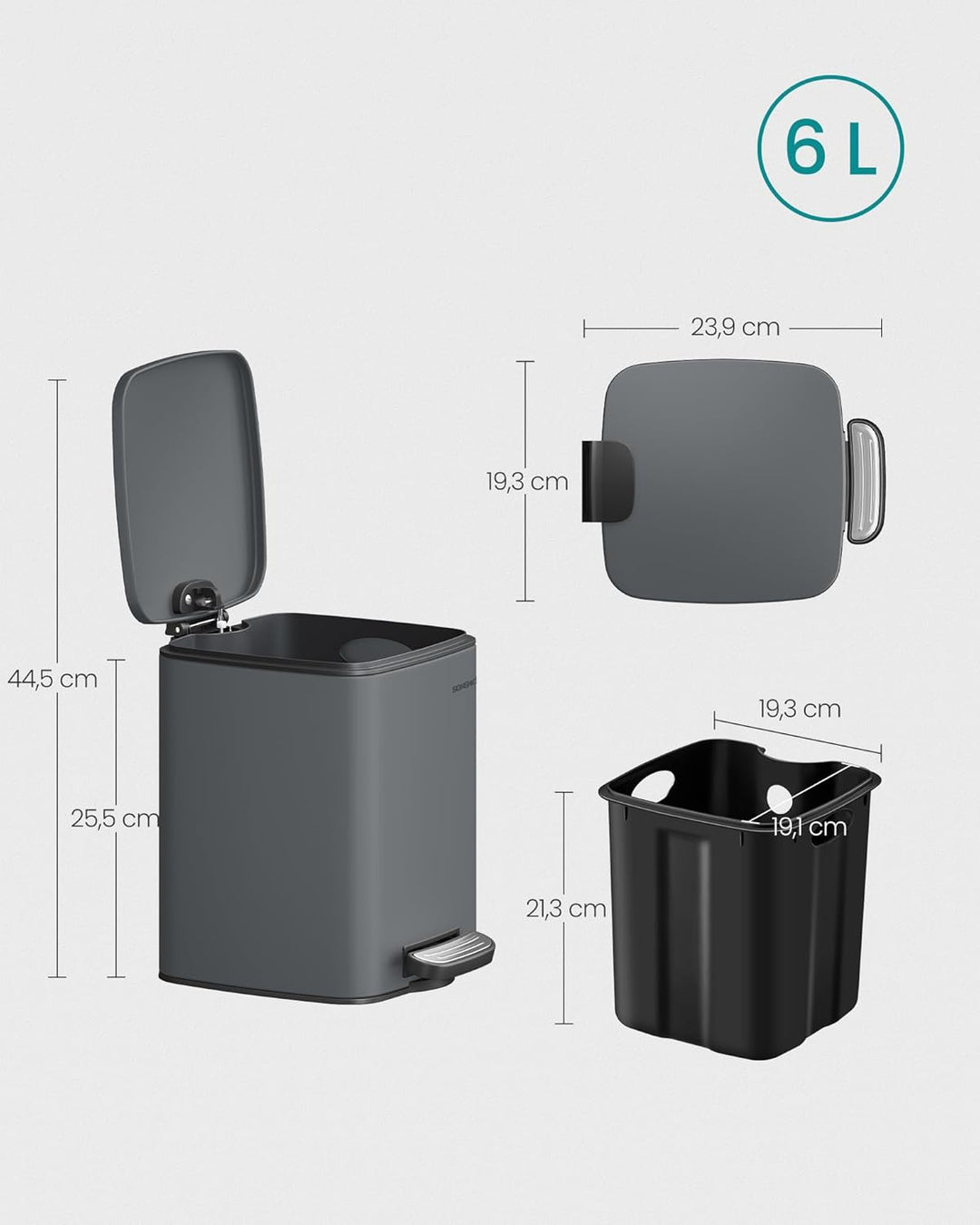 SONGMICS Kosmetikeimer, 6 Liter, Mülleimer Bad, kleiner Abfalleimer, Tretmülleimer, mit Pedal, für k
