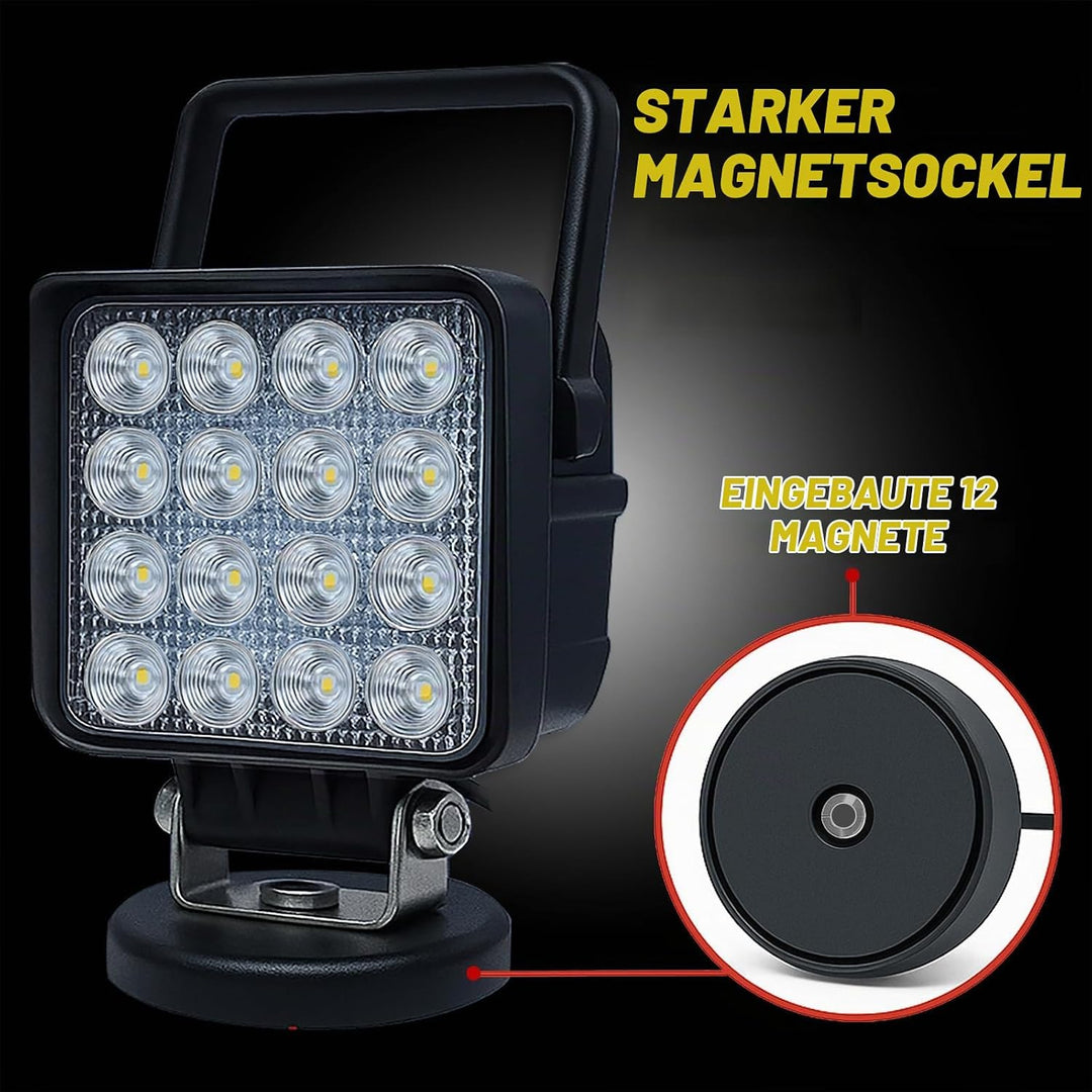 Willpower 48W LED Arbeitsscheinwerfer mit Magnetfuss, 4 Zoll tragbarer runder LED-Flutlicht für Auto