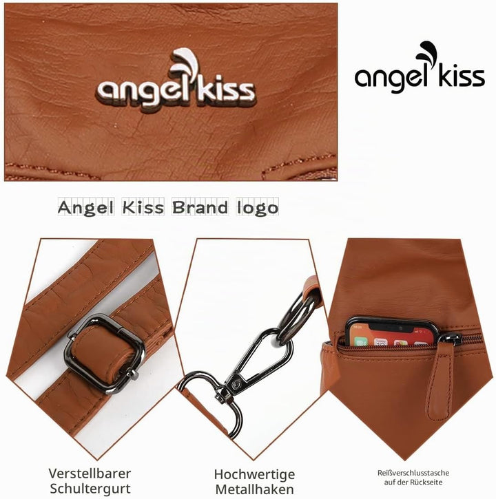 Angelkiss Damen Handtasche Grosse Doppelreissverschluss Multi Pocket Washed Schultertasche Designer-