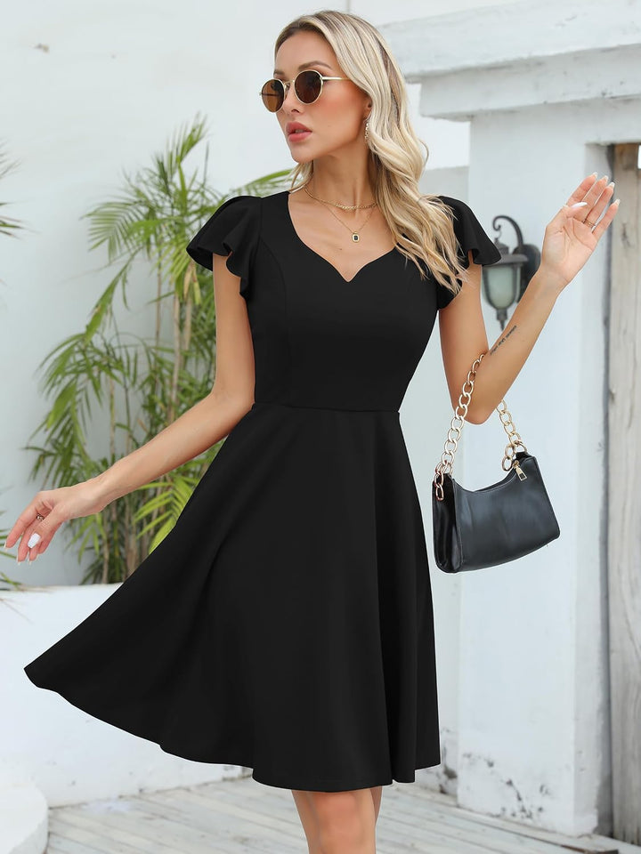Missufe Damen Cocktailkleid Elegant Vintage Minikleid Kurz A-Linie Herzausschnitt Kleider Schwarz S,
