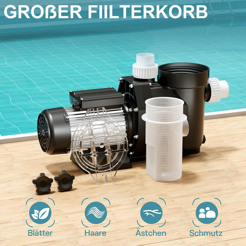 WilTec Poolpumpe 19200 l/h 750 W Schwimmbadpumpe Filterpumpe