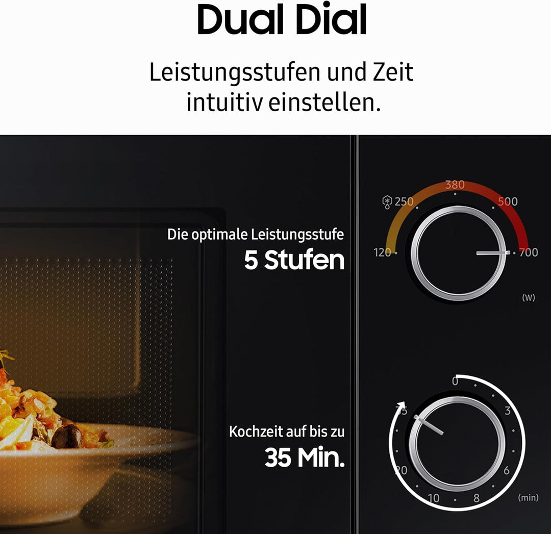 Samsung Solo-Mikrowelle, 700 W, Epoxy-Garraum mit 20 l Volumen, 5 Leistungsstufen, Defrost, Schwarz,