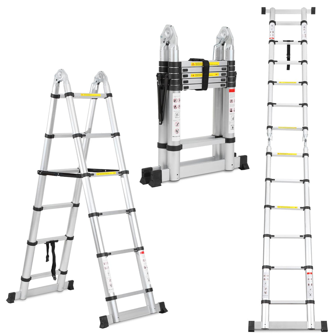 Cecaylie Teleskopleiter Klappleiter Aluminium, 3.8M(1.9M+1.9M) Ausziehbare Leiter mit Stabilisatoren