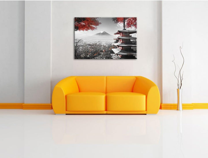 Pixxprint Japanischer Tempel im Herbst Schwarz/Weiss, Format: 100x70 auf Leinwand, 100x70
