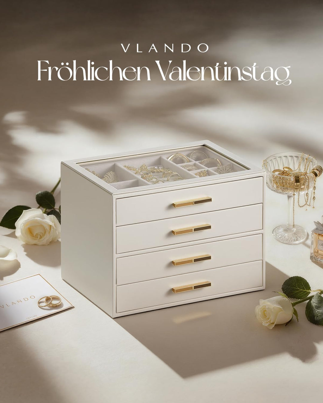 VLANDO Schmuckkästchen Gross, Schmuckkasten mit 4 Ebenen, Schmuck Organizer mit Glasdeckel, 4 Schubl