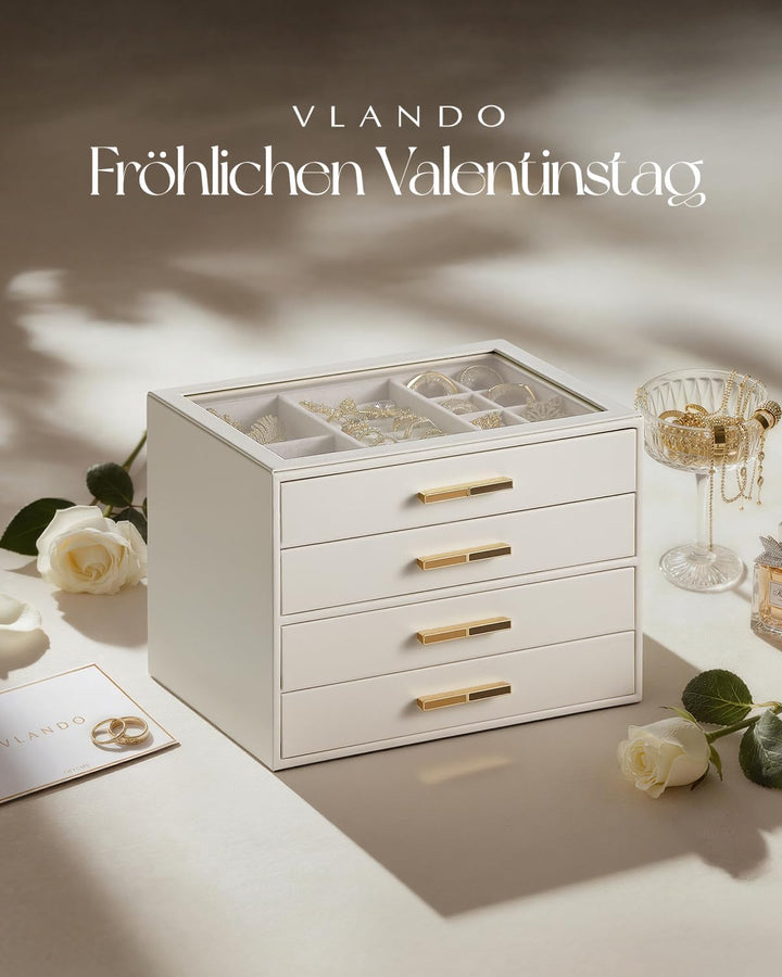 VLANDO Schmuckkästchen Gross, Schmuckkasten mit 4 Ebenen, Schmuck Organizer mit Glasdeckel, 4 Schubl