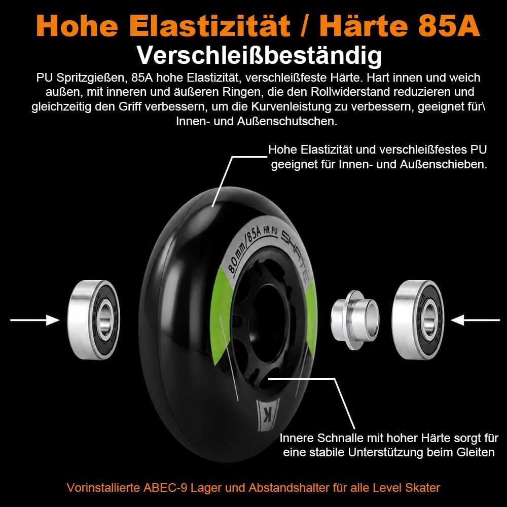 Inline Skate Rollen 80mm 76mm 72mm - 8 Stück Inline Skate Räder 85a inliner rollen mit kugellager AB