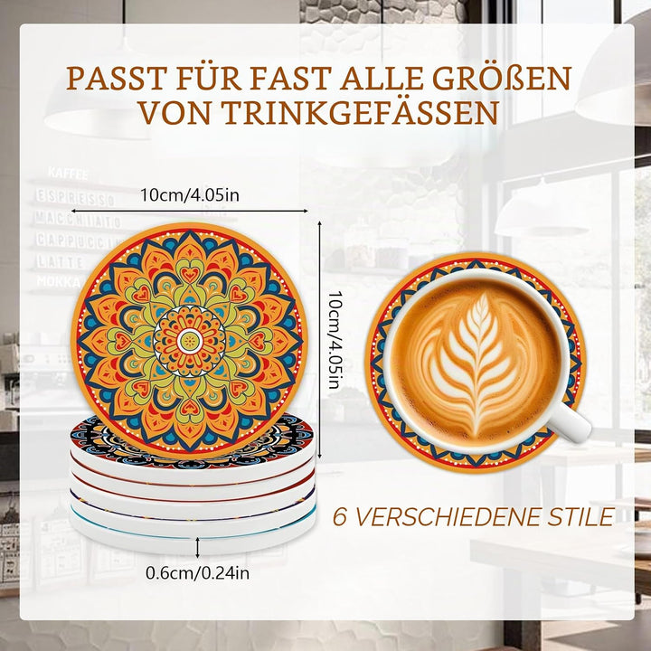 Boho Mandala Keramik Untersetzer, 6er Set Getränkeuntersetzer mit Metallhalter, saugfähige runde rut