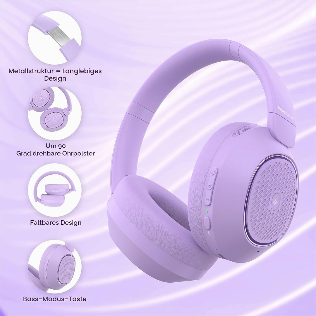 PowerLocus Hybrid Active Noise Cancelling Kopfhörer, 60 Std. Spielzeit Kopfhörer Kabellos, Transpare